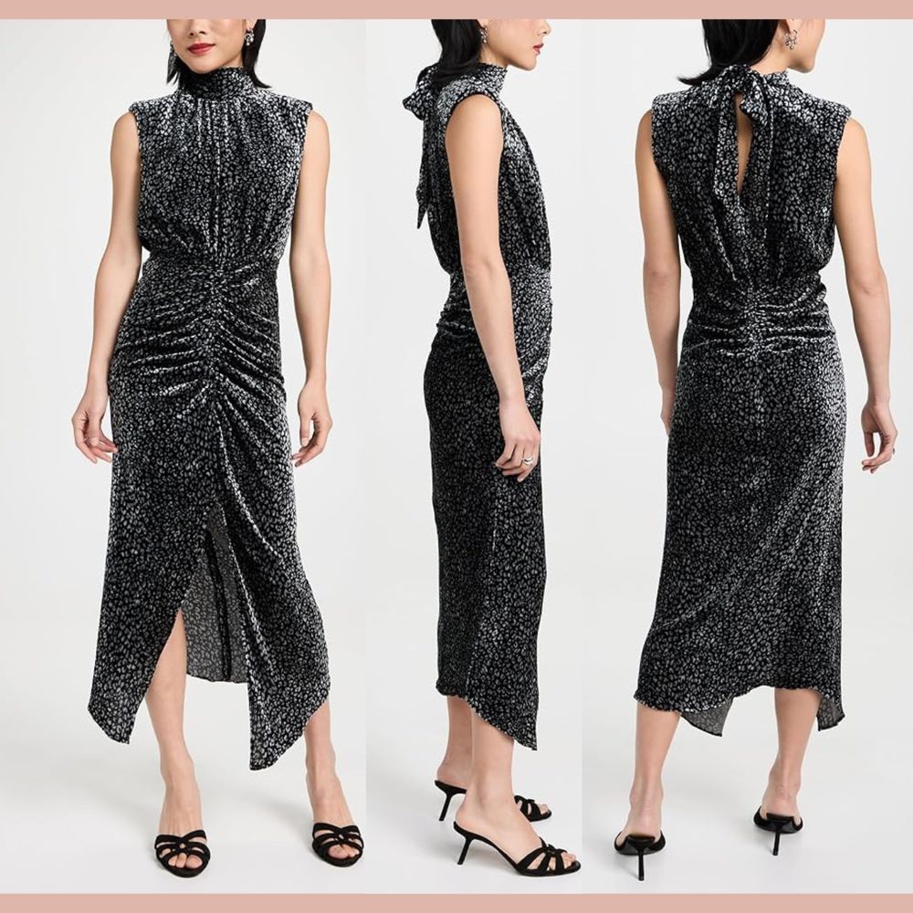 Nwt $685 Ramy Brook [ 0 ] Lennon Leopard-Print Velvet Midi Dress In Grey Black